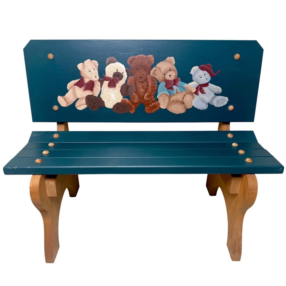 Wooden Kids Bench Hand Painted Teddy Bear Small Wood Child Bench Chair Vintage